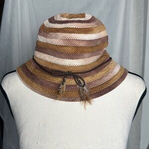 3/$20 💥 Route 66 Bucket Hat With Feather Bow Detail Brown & Tan Stripe Corduroy